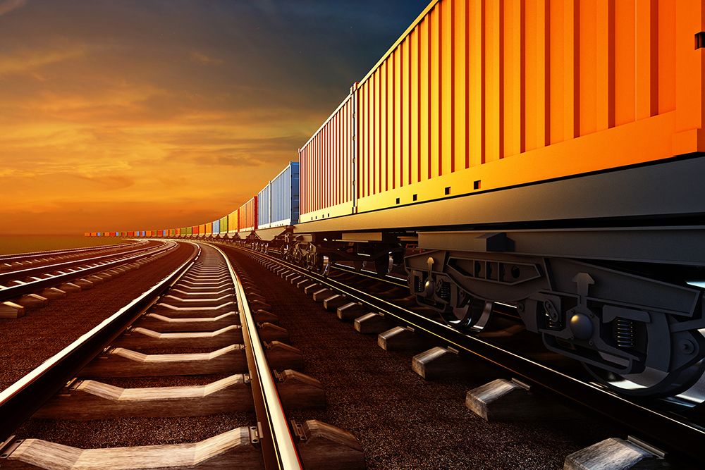3d,Illustration,Of,Freight,Train,With,Containers,On,Platforms,On